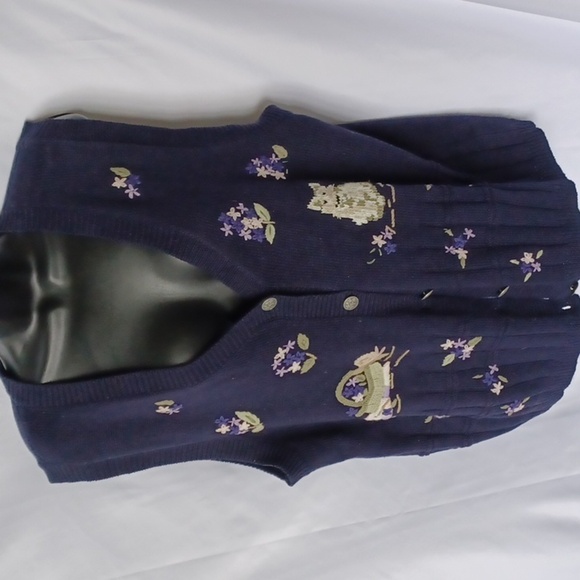 Vtg Northern Reflections Floral Kitty Knit Sweater Vest Embroidered Garden sz L - Picture 1 of 5